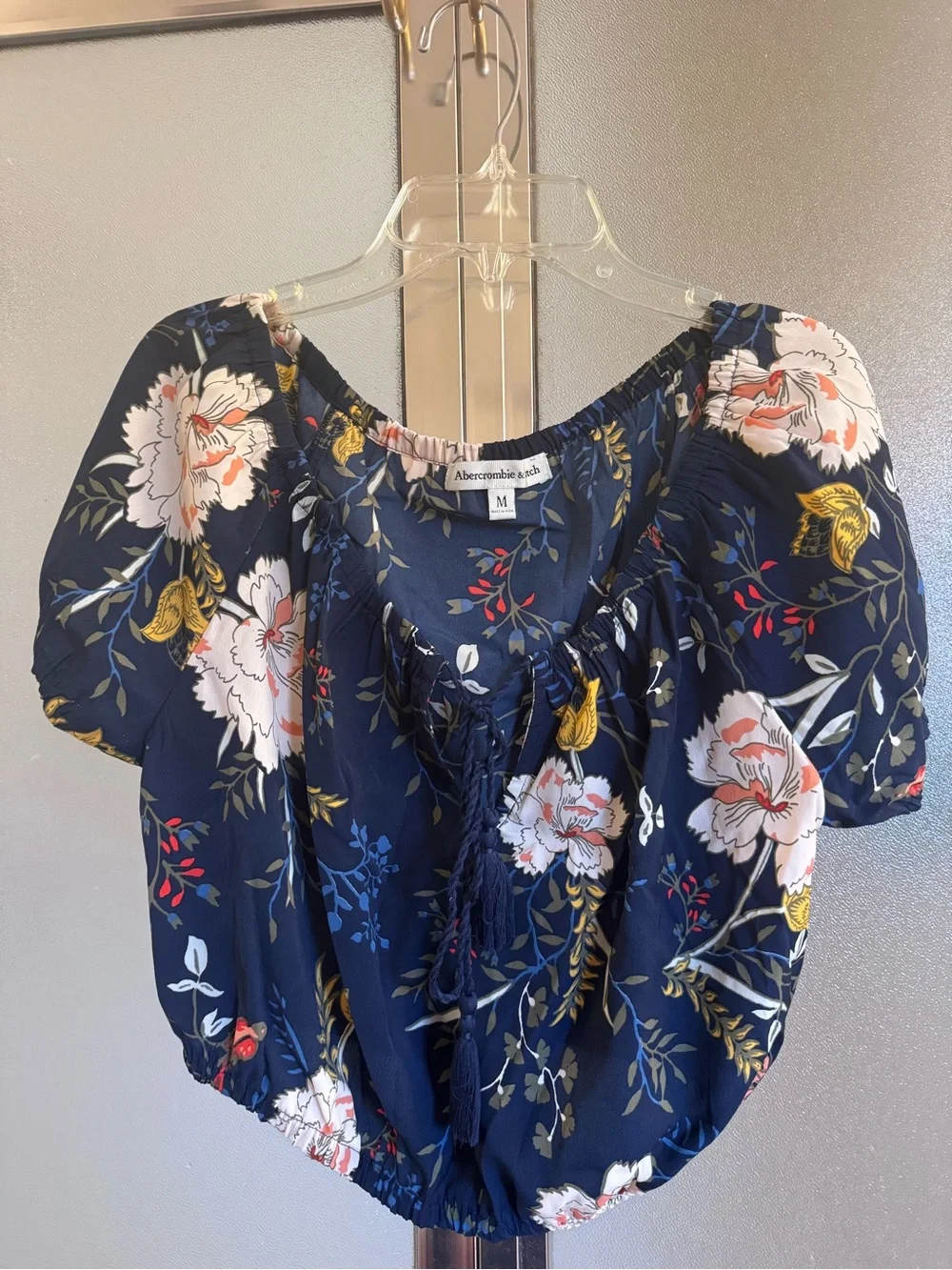Abercrombie & Fitch Navy Floral Peasant Blouse with Tassel Ties
